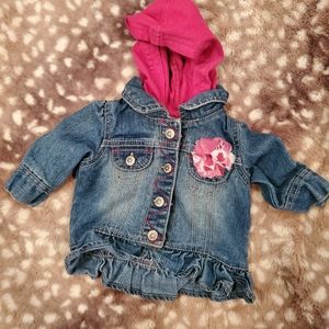 Arizona Toddler Denim Jacket. Hooded Jean jacket with pink flower. 0 to 3 month